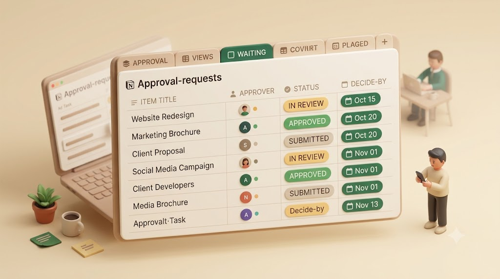 A Notion approval-requests database with item, approver, status (Submitted / In Review / Approved / Rejected), submitted date, and decide-by date columns