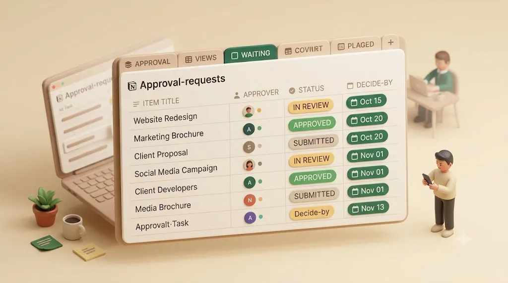 A Notion approval-requests database with item, approver, status (Submitted / In Review / Approved / Rejected), submitted date, and decide-by date columns