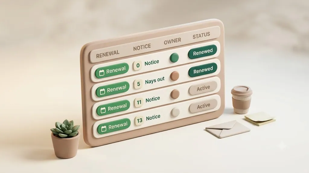 A Notion renewals database with renewal date, notice period, owner, and status fields that together drive the reminder logic