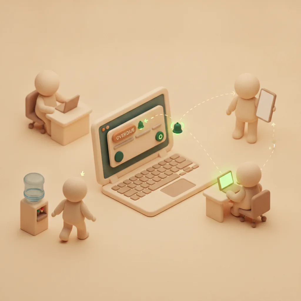 Soft-3D図解：標準リマインダーは隣にいる本人にしか届かず、席を外したメンバーや社外の相手には届かない。完了済みでも通知が鳴り続ける様子