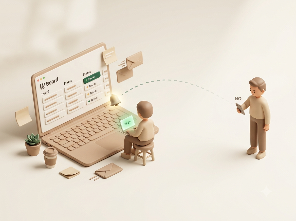 Notionの通知は社内の本人には届くが、Notionを使わない社外の相手には届かない様子を表した3Dイラスト