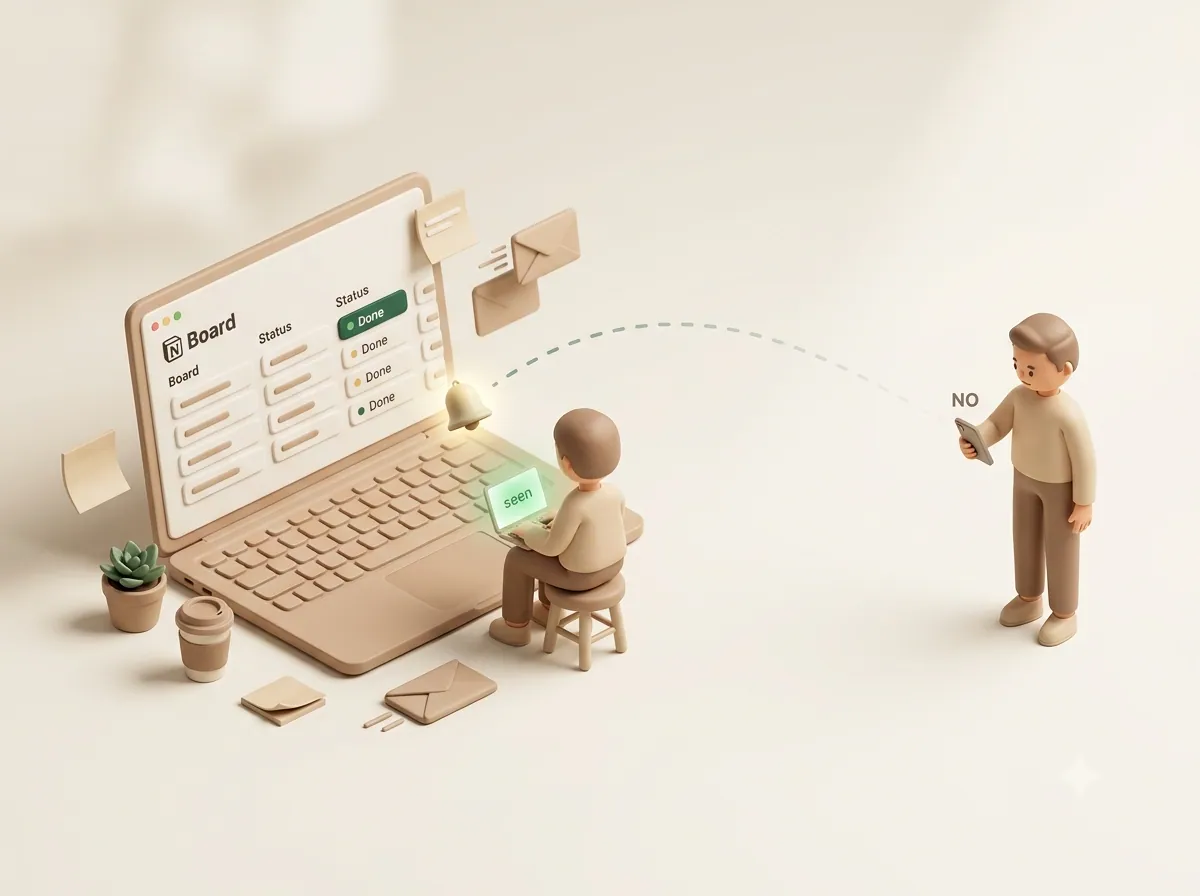 Notionの通知は社内の本人には届くが、Notionを使わない社外の相手には届かない様子を表した3Dイラスト
