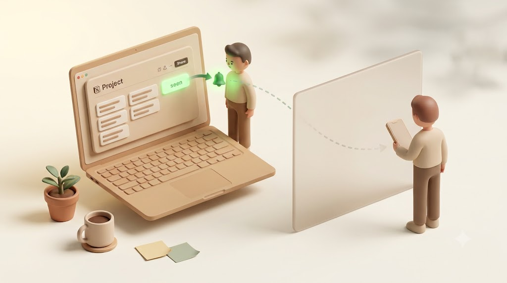 Notionの通知はアカウントを持ちログインして開く相手が前提で、Notionを使わない社外の相手には届かない「通知の宛先の壁」を表したイラスト