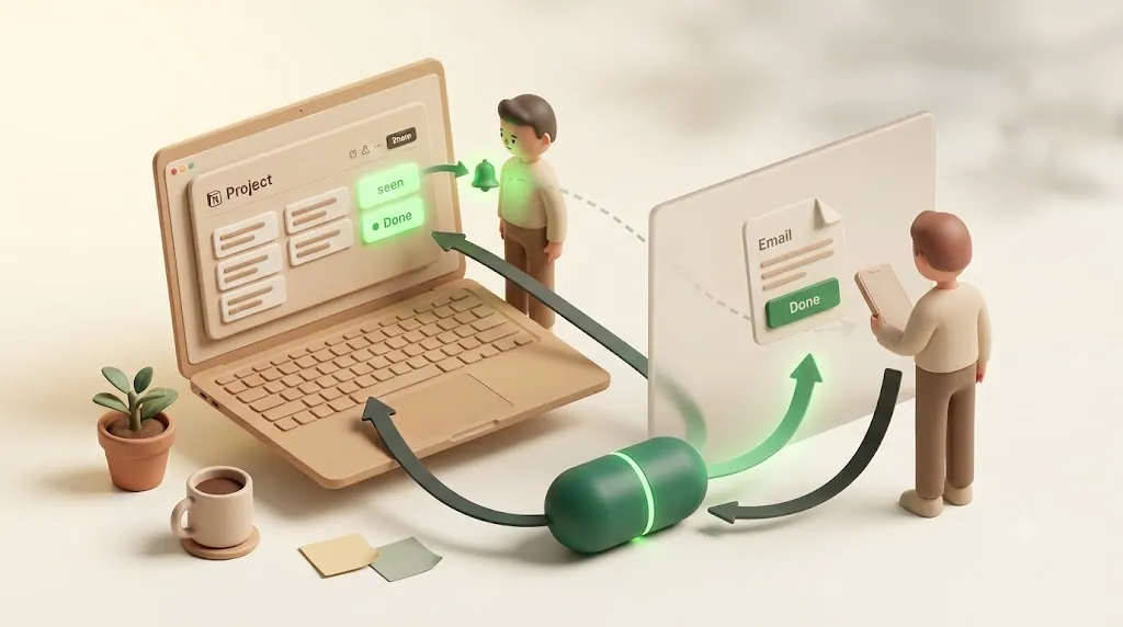 Kapsel watches Notion due dates and emails an external client, who confirms with one click that writes the status back to Notion — a two-way loop