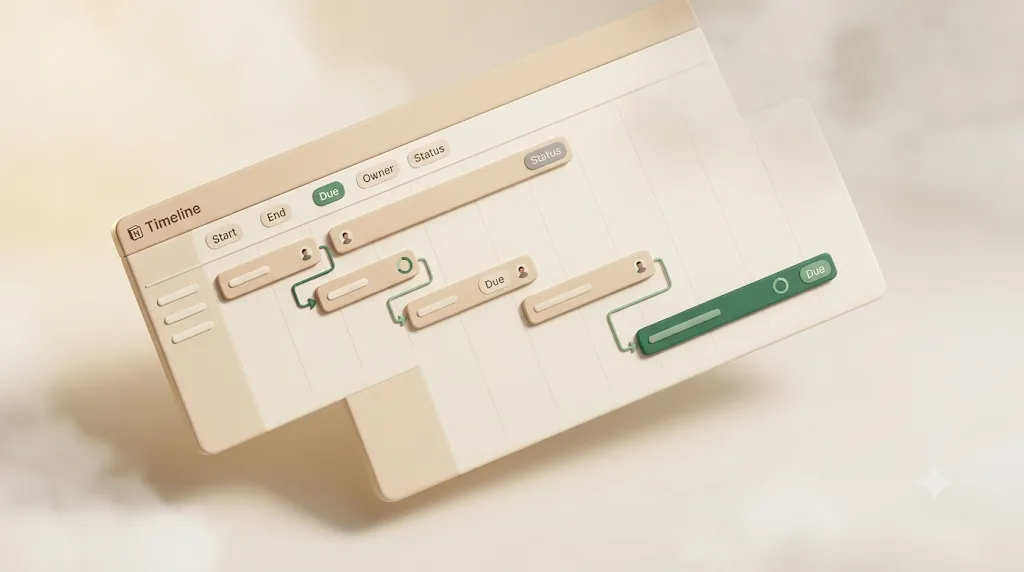 Notionのタイムラインビューの構造を表したイラスト。複数の横棒バーが段違いに並び、バー同士が緑の依存関係リンクでつながり、ロールアップの進捗リングとステータス色でタスクの進み具合が一目でわかる様子