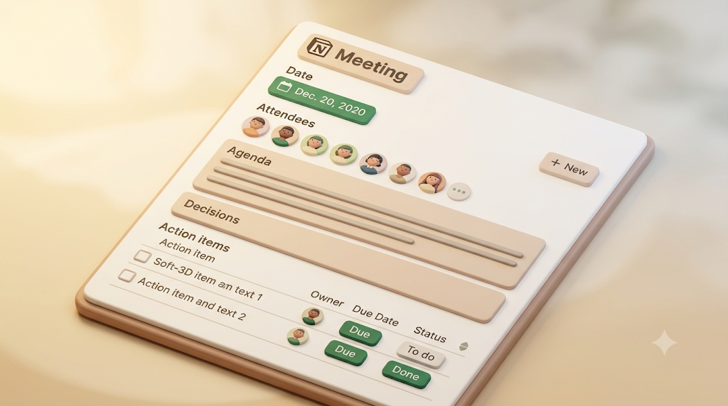 A Notion meeting notes database with meeting name, date, attendees, agenda, decisions, and action items carrying an owner, a due date, and a status