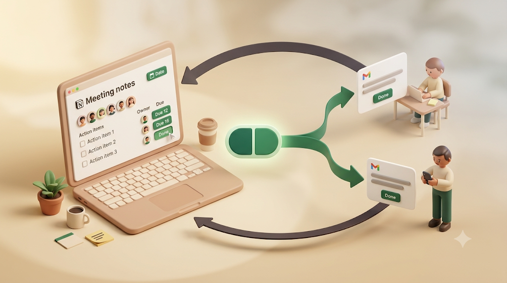 From a meeting's action items with an owner and due date, Kapsel emails the internal teammate and the external attendee, and one click writes the status back to Notion