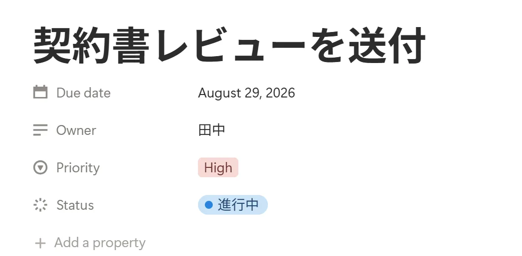 Notionのアイテムに設定した期日（Due date）プロパティの例