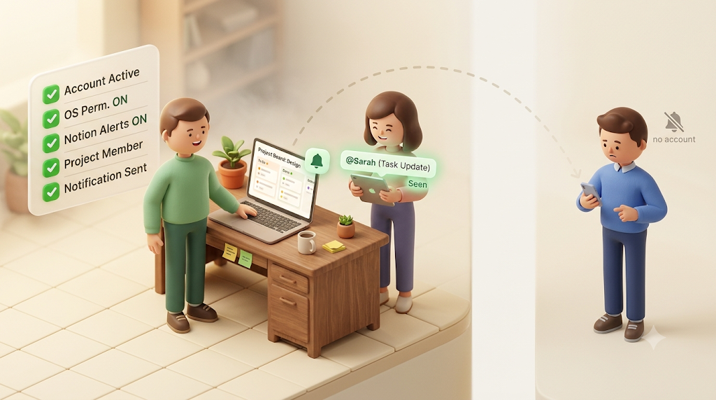 設定はすべて正しいのに、Notionを使わない社外の相手にだけ通知が届かない様子を表した3Dイラスト