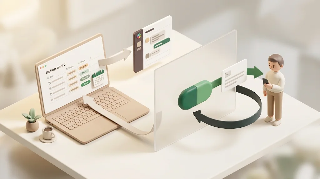 Notionのデータベース（記録・計画）とSlack（社内のリアルタイム会話）から、壁の外にいるNotion・Slackを使わない社外の相手へメールが届き、ワンクリックでNotionのステータスに書き戻る全体像を示した3Dイラスト