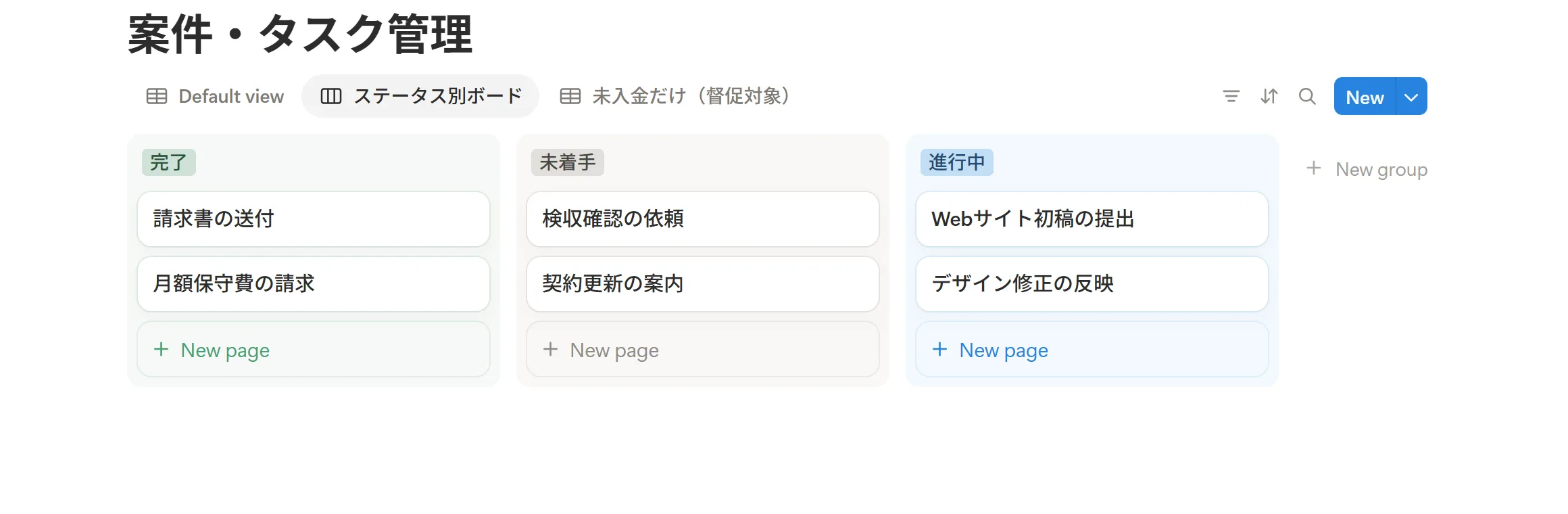 Notionの同じデータベースを「ステータス別ボード」ビューで表示した画面。未着手・進行中・完了の列にタスクカードが分かれて並び、チームの進捗が一目でわかる