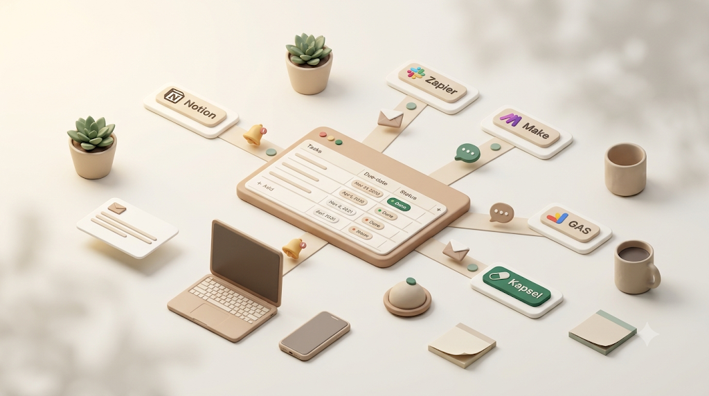 Notionのリマインド・通知を自動化する6手段（Notion標準・Slack・Zapier・Make・GAS・Kapsel）を並べて用途別に選ぶ比較の全体像の3Dイラスト