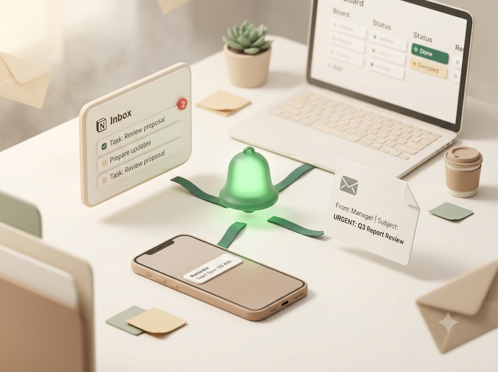Notionの通知が受信トレイ・スマホのプッシュ通知・メールの3つのチャネルに配信される様子を表した3Dイラスト