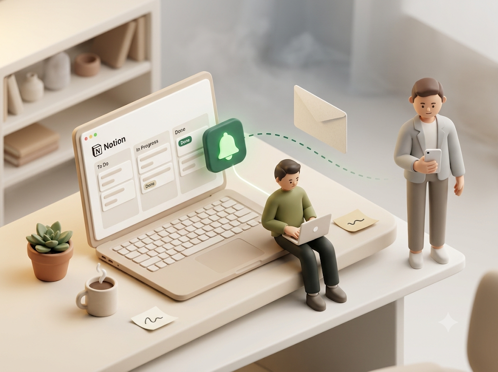 Notionの通知は社内の本人には届くが、Notionを使わない社外の相手には届かない様子を表した3Dイラスト