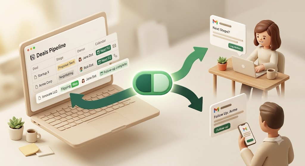 Notionの商談管理ボードを起点に、社内の営業担当と、Notionを使わない見込み客の双方へ期日リマインドをメールで届け、ワンクリックの応答でNotionのステータスが更新される追客フローのイラスト