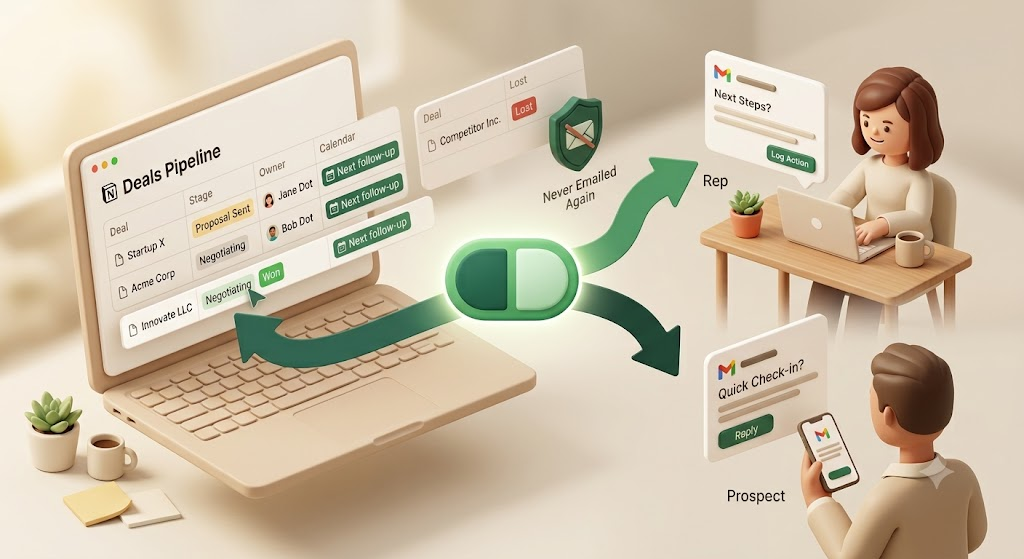 Notionの商談期日を監視し、社内の担当者と、Notionを使わない見込み客の双方へメールでリマインドし、受信者のワンクリックでNotionのステータスに書き戻す双方向の仕組みのイラスト