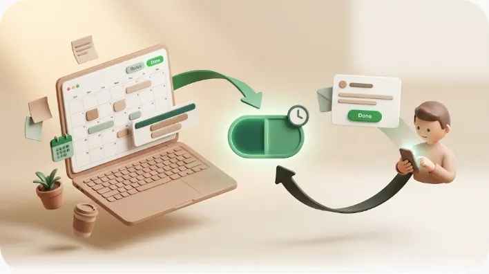 3D illustration of a Notion-style calendar and timeline schedule feeding a due-date reminder email through Kapsel to a teammate and an external client, with a one-click status write-back to the board