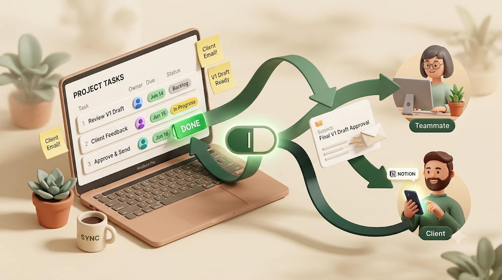 Notionのタスクデータベース（担当・期日・ステータス）をKapselが監視し、社内のメンバーとNotionを使わない社外の相手の両方へメールで届け、ワンクリックでステータスが書き戻る全体像の3Dイラスト