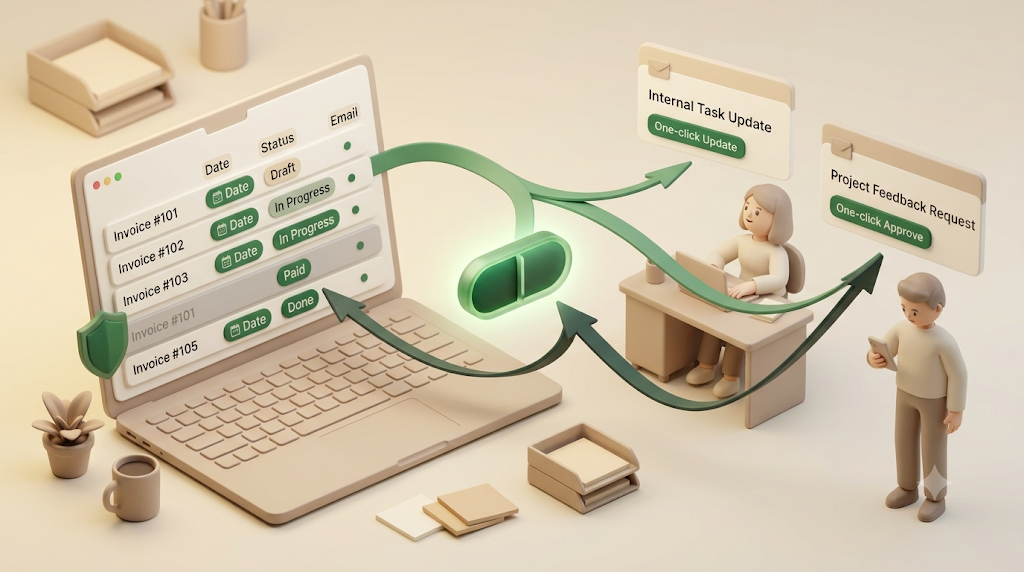Kapsel watches a template’s date, status, and email columns and emails reminders to the team and to non-Notion clients, stopping once done or paid