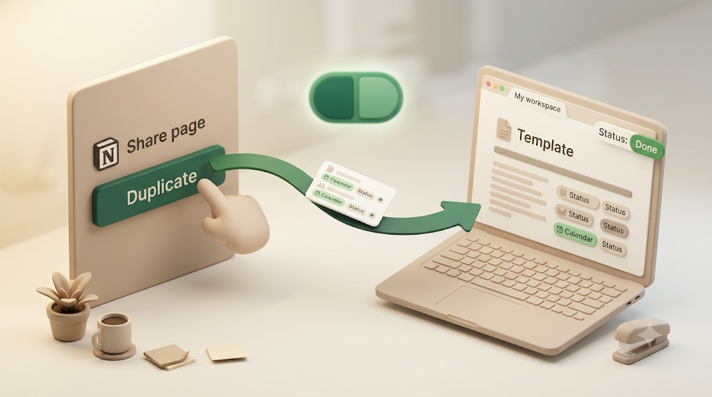 Duplicating a Notion template from a share page into your own workspace with the Duplicate button, then editing it