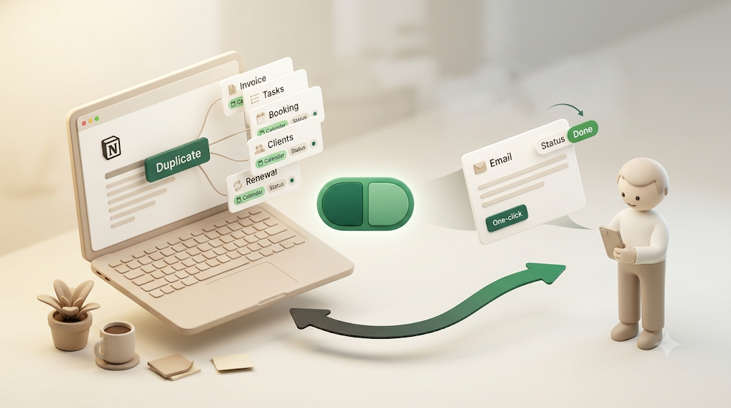 Free Notion templates for invoices, tasks, bookings, clients, and renewals — duplicated and connected to Kapsel so due dates trigger email reminders that stop once done or paid