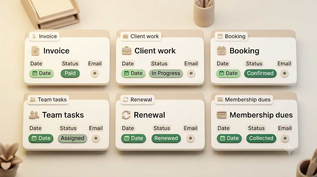 Six business Notion templates — invoice, client work, appointment, team task, contract renewal, membership dues — sharing a date, status, and email column structure