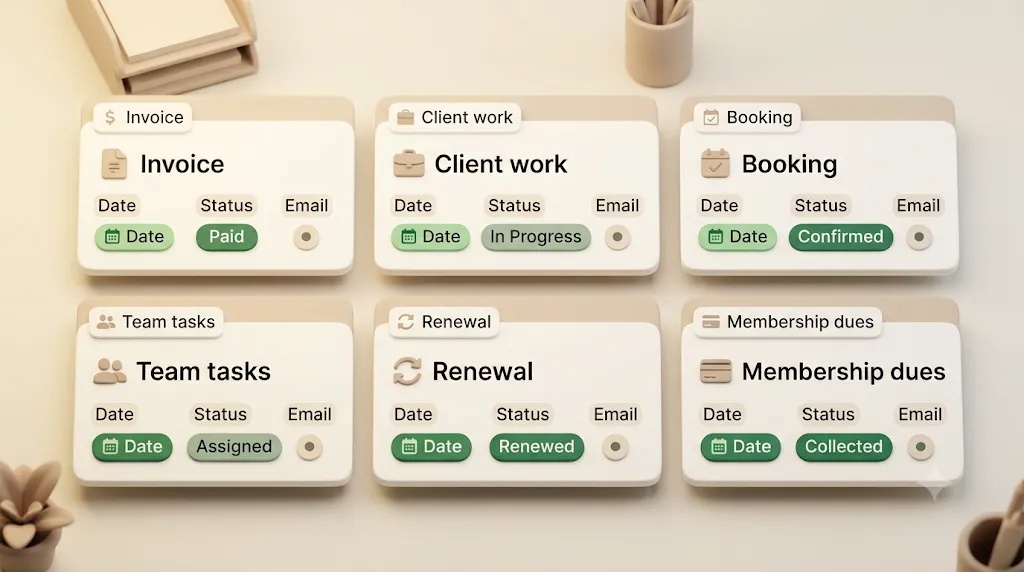 Six business Notion templates — invoice, client work, appointment, team task, contract renewal, membership dues — sharing a date, status, and email column structure