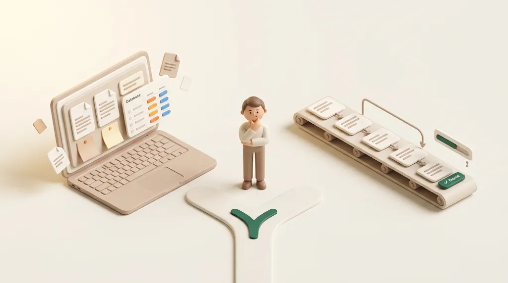NotionとAsanaのどちらを選ぶか——情報を集約する「ナレッジハブ」（Notion）と、タスクを順に流す「実行エンジン」（Asana）の間で、チームが目的に合わせて選ぶ様子を示した3Dイラスト