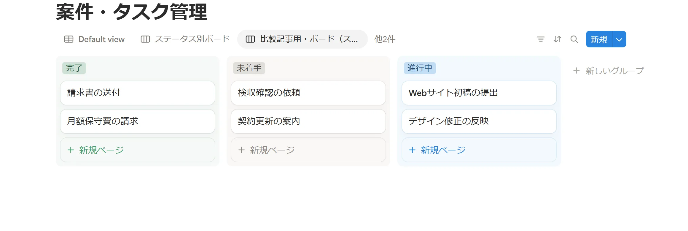 Notionのタスク管理データベースをボードビュー（ステータス別）で表示した画面。タスク名・担当・期日・ステータスのプロパティを自由に設計できる