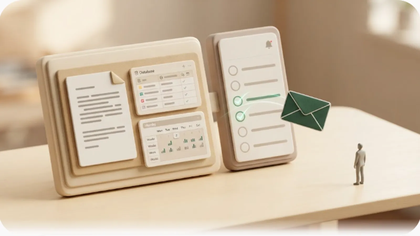 NotionとTodoistのどちらを選ぶか——ドキュメント・データベース・タスクを1か所に集約する「情報ハブ」(Notion)と、やることを素早くチェックしていく「タスク専用アプリ」(Todoist)を対比し、どちらの通知も届かない社外の相手へグリーンのメールが橋渡しする様子を示した3Dイラスト