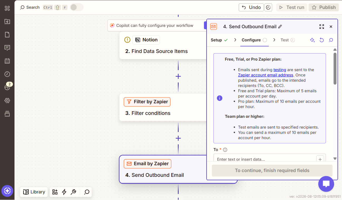 Zapierのエディタで「Schedule → Notion（Find Data Source Items）→ Filter by Zapier → Email by Zapier（Send Outbound Email）」の4ステップを実際に組んだ様子。Email by Zapierの設定パネルには「Free and Trial plans: Maximum of 5 emails per account per day（無料・トライアルは1日5通まで）」という公式の注記が表示されている