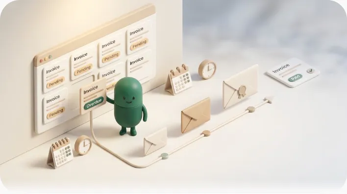 ソフト3Dイラスト: Notion風の請求管理ボードの期限超過の請求書から、緑のカプセル（Kapsel）が初回・再督促・最終の3段階の督促メールを送り、入金済みの請求書には送らない様子