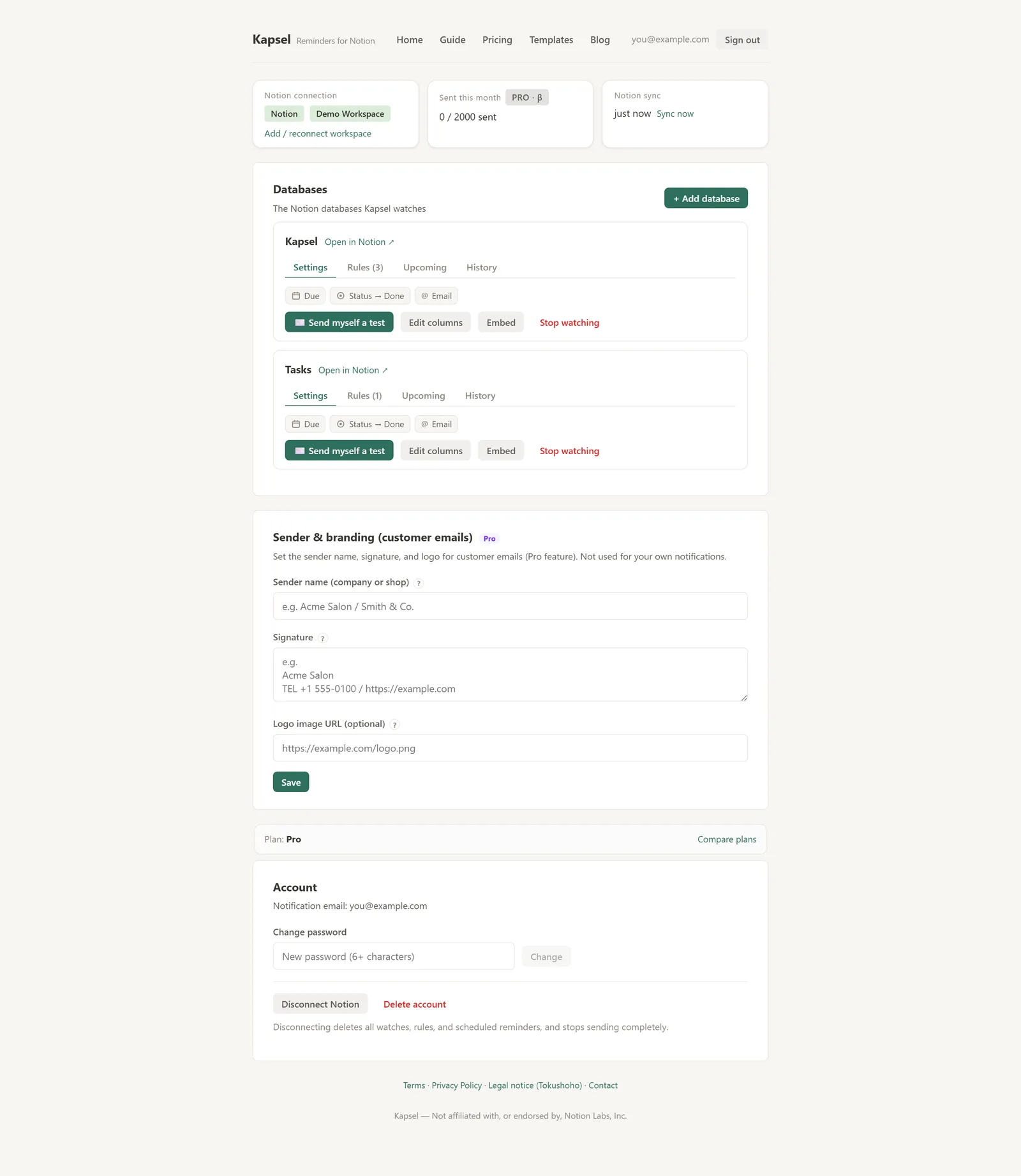 Kapsel dashboard: Notion connection, monthly sends and sync status at the top, then each watched database (Kapsel / Tasks) with Settings, Rules, Upcoming and History tabs, an Embed button, and sender branding settings