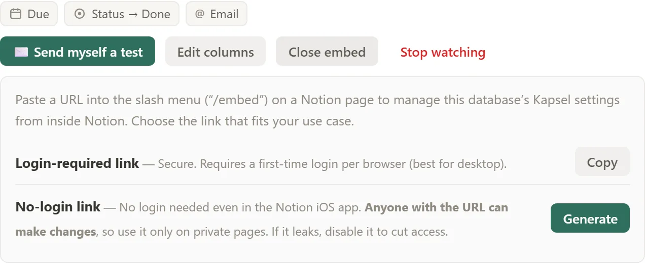 The Embed panel on a database row, offering a login-required link and a login-free link with copy buttons