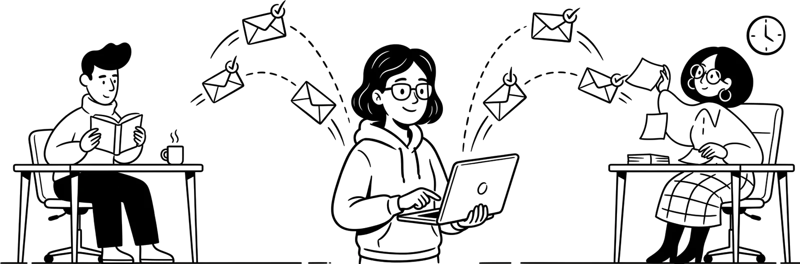 中央の人がメールを送ると、社内の同僚とNotionを持たない社外の取引先の双方に封筒が届くイラスト